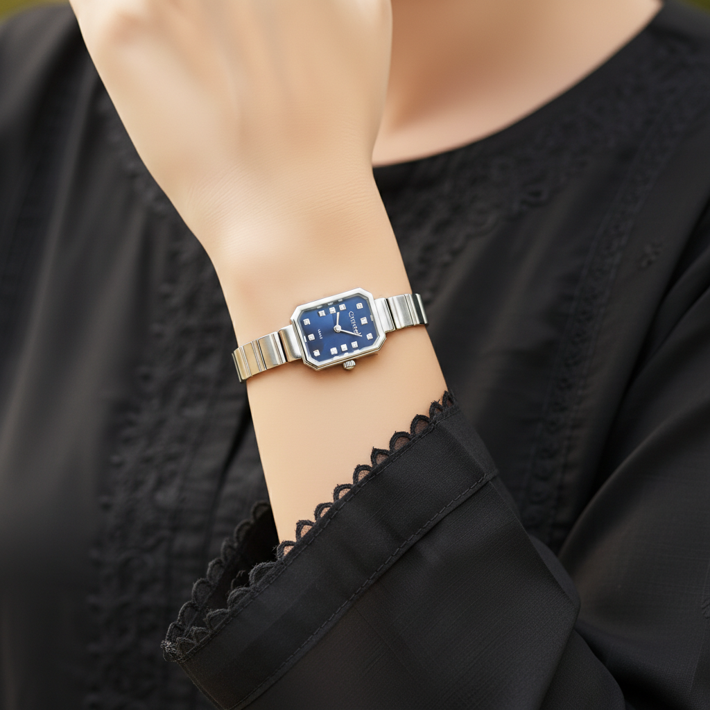 Petite Silver Square Dial Crystal Marker Watch