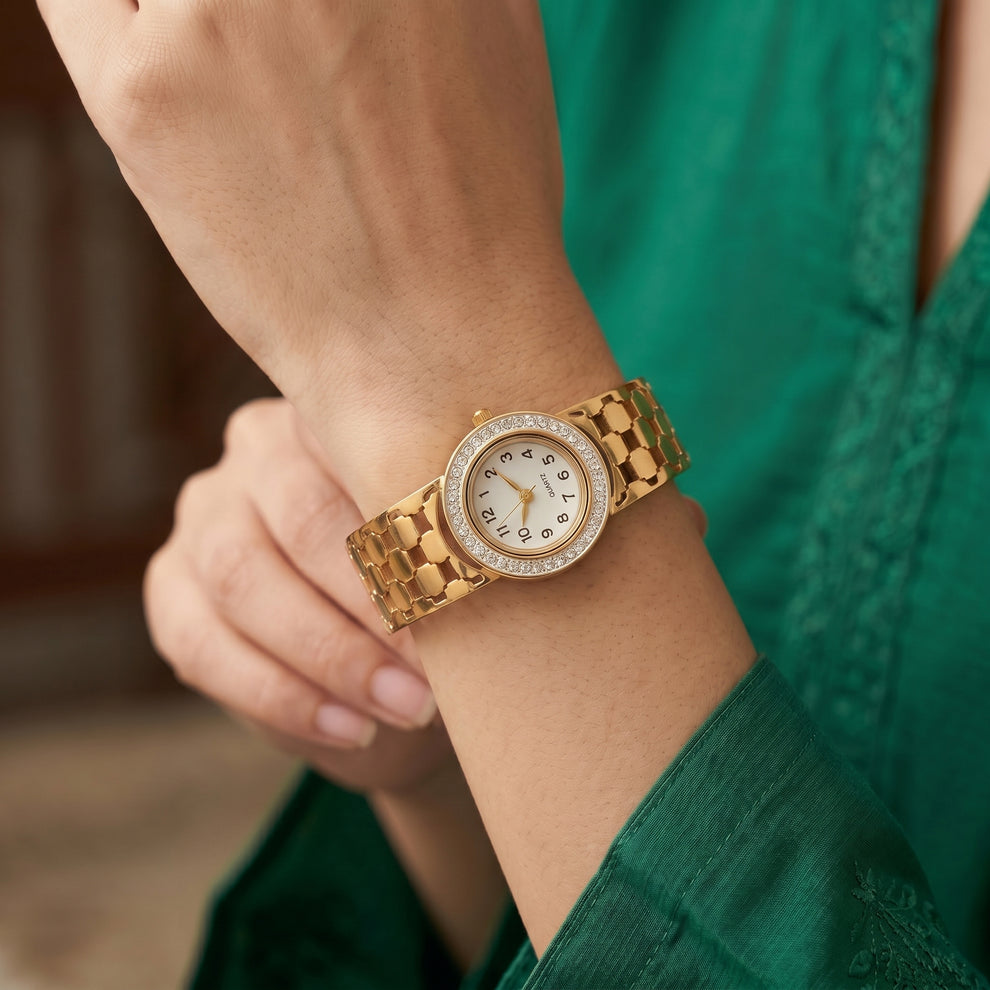 "Luxury Gold plated Watch with Crystal-Accent Bangle"