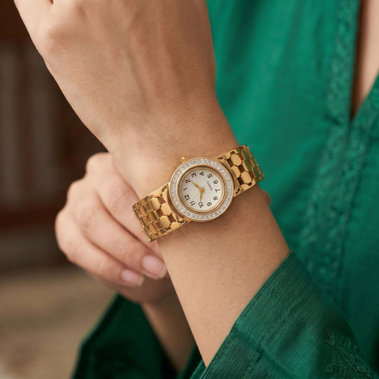 "Luxury Gold plated Watch with Crystal-Accent Bangle"