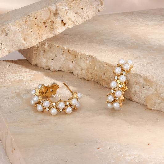 C-Shaped Pearl Diamond Hoop Earrings