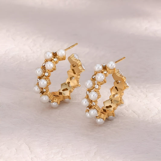 C-Shaped Pearl Diamond Hoop Earrings