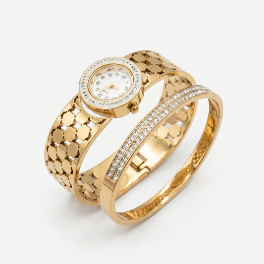 Premium Round Dial Watch + Bangle Deal - Stainless Steel