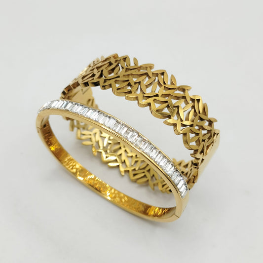 Hollow Leaf & Diamond Bangle | Stainless Steel