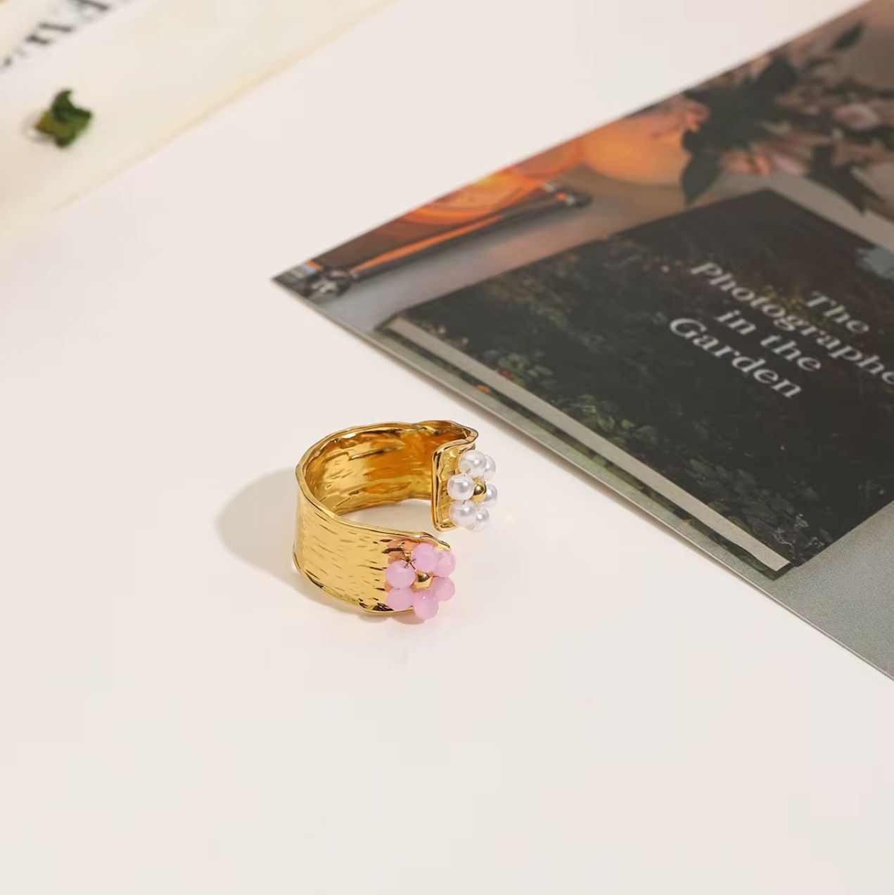 Pearl & Pink Floral Ring - Stainless Steel