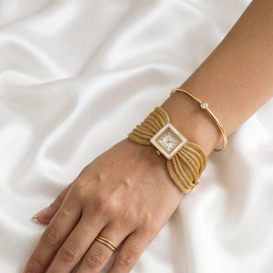 Gold Square Mesh Butterfly Strap Watch - Stainless Steel