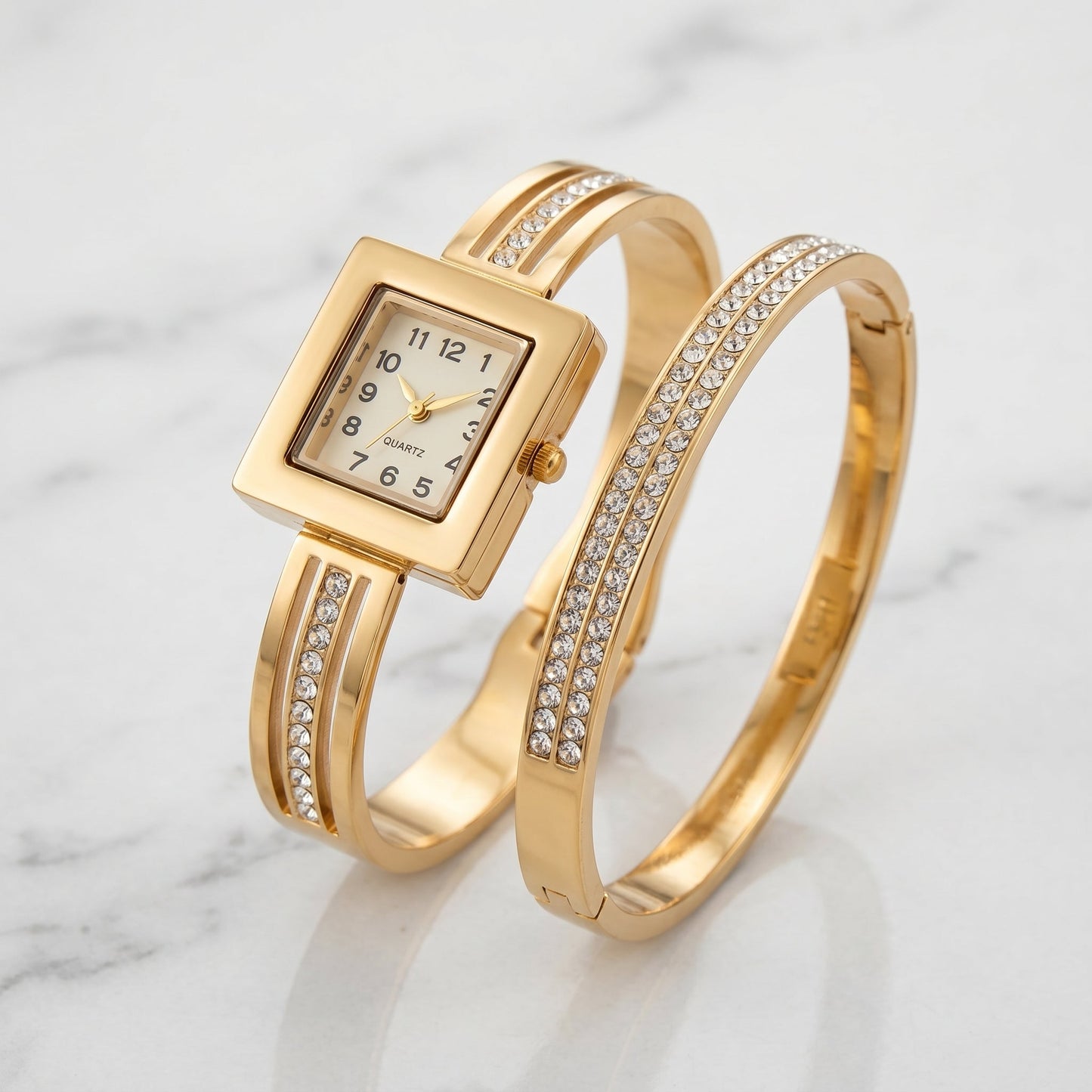 Premium Square Dial Watch + Bangle Deal - Stainless Steel