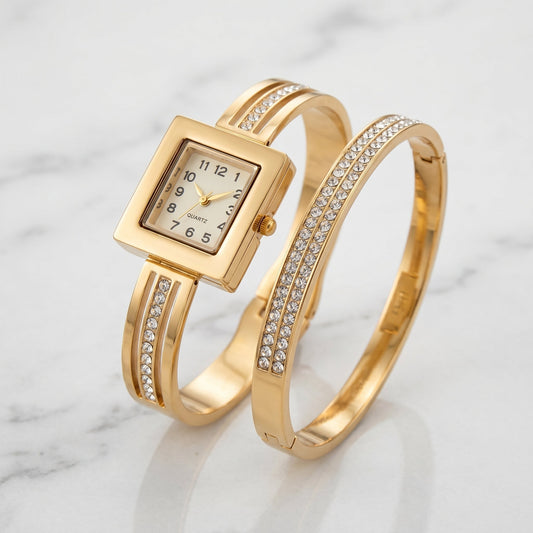 Premium Square Dial Watch + Bangle Deal - Stainless Steel