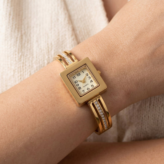“Square Gold Bangle Watch for Women with Crystal-Studded Design”