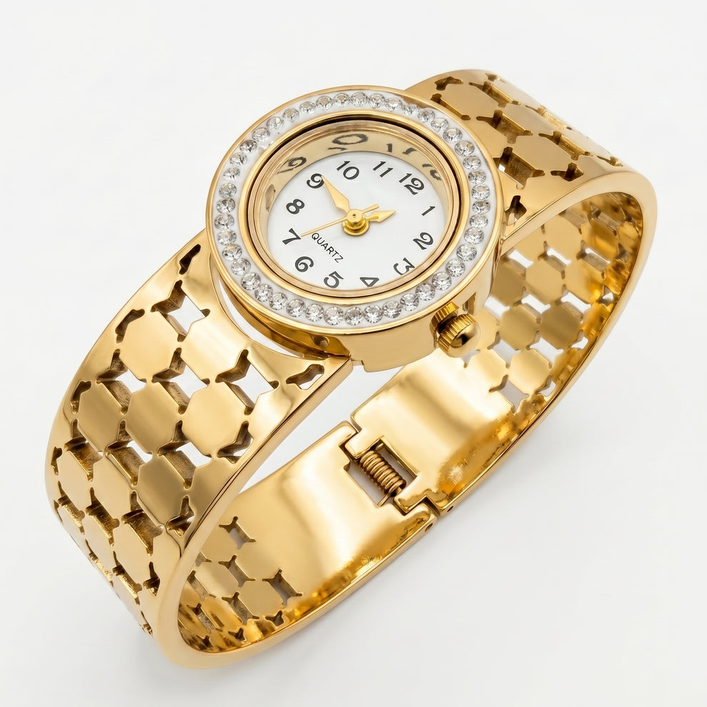 "Luxury Gold plated Watch with Crystal-Accent Bangle"