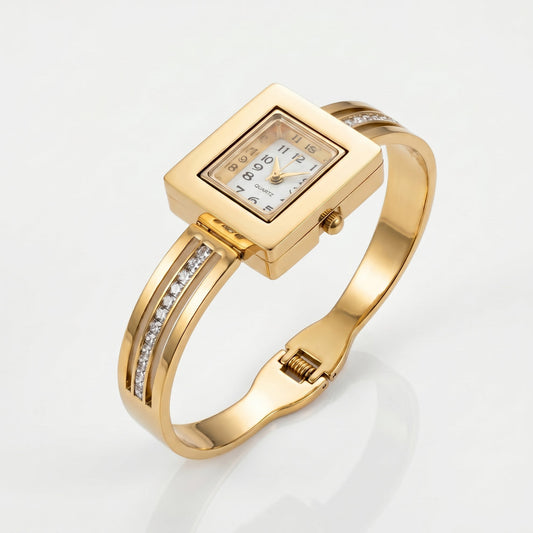 “Square Gold Bangle Watch for Women with Crystal-Studded Design”